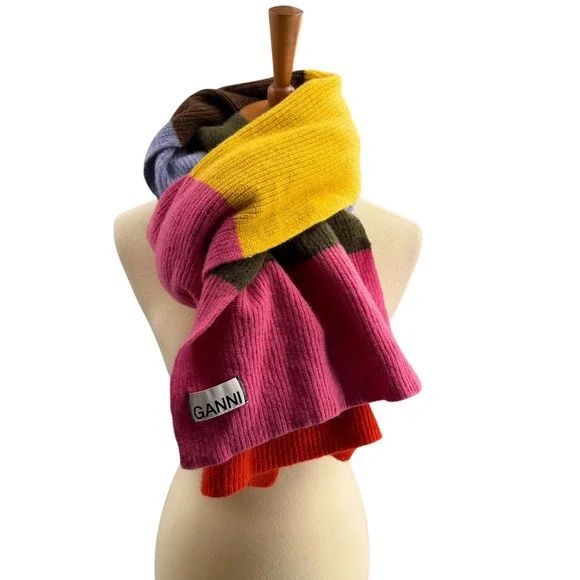 GANNI Scarf Multicolor Colorblock Ribbed Knit Wool Blend Oversize Winter - Picture 1 of 4